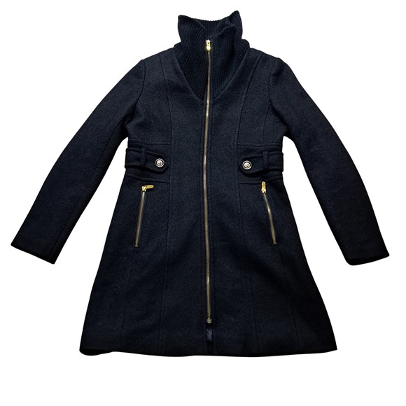 Via Spiga Jackets & Blazers - Via Spiga Coat Women's 8 Black Wool Blend Gold Hardware High Neck Classic Winter